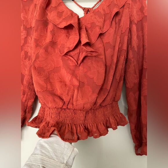 Anthropologie Textured Floral Blouse in Crimson Orange Size Small Open Back Boho - Picture 6 of 10